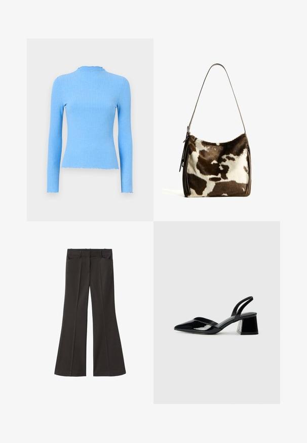 Rippenshirt mit langen Ärmeln in Hellblau, figurbetontem Design, rundem Kragen mit gewelltem Rand, glatter Textur und ohne sichtbare Muster.; Schwarze, weit geschnittene Hosen mit hoher Taille; verfügt über zwei Fronttaschen und eine glatte Stoffoberfläche. Geeignet für verschiedene Anlässe.; Schwarze Lackleder-Slingback-High Heels mit spitzem Schuh und einem geometrischen Blockabsatz. Verfügt über ein schlankes, minimalistisches Design und eine glatte Textur.; Braune und cremefarbene Kuhhaut-Umhängetasche mit einem glatten Ledertrageriemen, Reißverschluss und einer weichen, strukturierten Oberfläche mit einem natürlichen Muster.