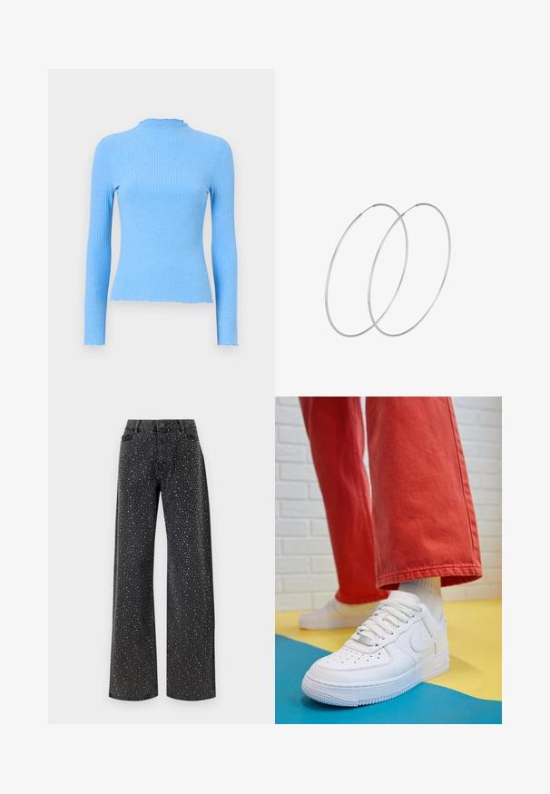 Heled pika varrukaga topp helesinis, keha järgiv disain, ümmargune krae lainelise servaga, sile tekstuur ja ilma nähtavate mustriteta.; Noisy May NMJANNEL LOOSE - Avar lõikega teksad - black denim; Valge nahast tennis, millel on perforeeritud varvas, tekstureeritud tallad ja valged shoelaces, kombineeritud laia punase pükste ja sinise ning kollase taustaga.; Hõbedased rõngastikkaehingad minimalistlikus disainis. Ümar kuju, sile tekstuur ja õhuke profiil. Kerged ning poleeritud viimistlusega.