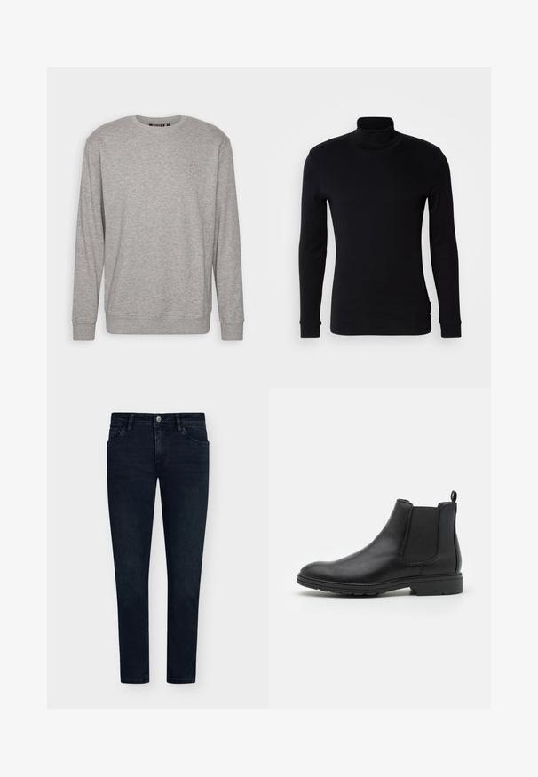 Hellgrauer Sweatshirt mit langen Ärmeln, Rundhalsausschnitt, gerippten Bündchen und unterem Saum. Verfügt über ein dezentes Logo auf der oberen linken Brustseite.; Schwarzes langärmliges Turtleneck-Shirt aus weichem Material. Hat ein figurnahes Design mit gerippten Bündchen und einer glatten Textur. Keine Muster oder Logos.; Dunkelblaue Jeans aus Denim mit schmalem Schnitt, Fünf-Taschen-Design, Knopfverschluss und minimaler Ausbleichung. Flacher Vorderteil und schmale Saumöffnungen.; Schwarze Leder Chelsea-Stiefel mit elastischen Seiteneinsätzen und einer Ziehschlaufe, runder Zehenform und strukturiertem Gummisohle.