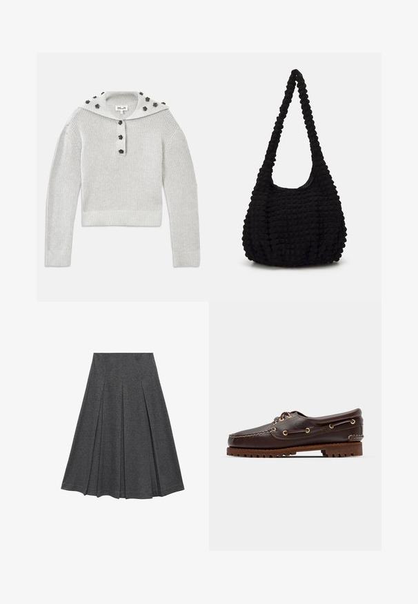 Jasnoszary, prążkowany sweter z krótkim krojem, z guzikową listwą i kapturem ozdobionym akcentami w kształcie kwiatów.; Szara plisowana spódnica o rozszerzającym się kształcie, wykonana z miękkiego materiału. Posiada poziome plisy oraz gładką talię dla dopasowanego wyglądu.; Brązowe skórzane buty w stylu boat shoe z złotymi oczkami, okrągłymi sznurowadłami oraz teksturowaną brązową gumową podeszwą. Zawierają przeszycia i wypukłe logo.; Czarna torba z teksturowanej tkaniny z pojedynczym skręconym uchwytem, o puszystym kształcie i marszczonym wzorze powierzchni.
