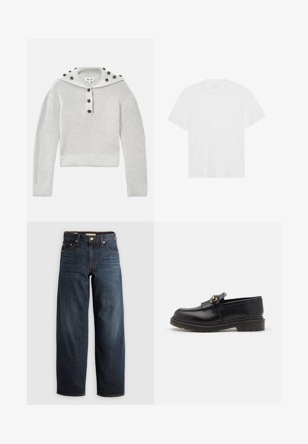 Hellgrauer, gerippter Strickpullover mit verkürztem Design, versehen mit einer Knopfleiste und einer Kapuze, die mit blumenförmigen Akzenten geschmückt ist.; Weißes Baumwoll-T-Shirt mit kurzen Ärmeln, Rundhalsausschnitt und geradem Saum. Glatte Textur, minimalistisches Design ohne Muster oder Akzente.; Dunkelblaue Jeans aus Denim mit einem geraden Bein-Design, Fünf-Taschen-Stil und Steppnähten sowie einem Knopfverschluss.; Schwarze Lederloafers mit runder Zehenform, dekorativem Fransenbesatz und goldenen Hardware-Akzenten. Dicke Gummisohle für zusätzlichen Halt und Strapazierfähigkeit.