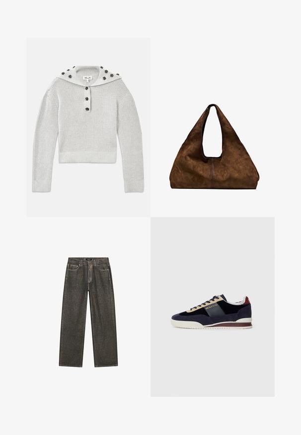 Ljust grå, ribbad stickad tröja med en kortad design, förenad med en knappslå och en huva prydd med blommiga detaljer.; Mörkgrå vida jeans i denim, med en klassisk femficksdesign, robust sömnad och dragkedja med knappstängning.; Mörkblå mockaskor med beige och mörkblå detaljer. Har en vit gummisula och gyllene märkning på sidan. Klassisk sportig design.; Brun mocka axelväska med öppen topp. Har en djup, bred kropp, urgröpt handtag och minimal sömnad för en ren design.