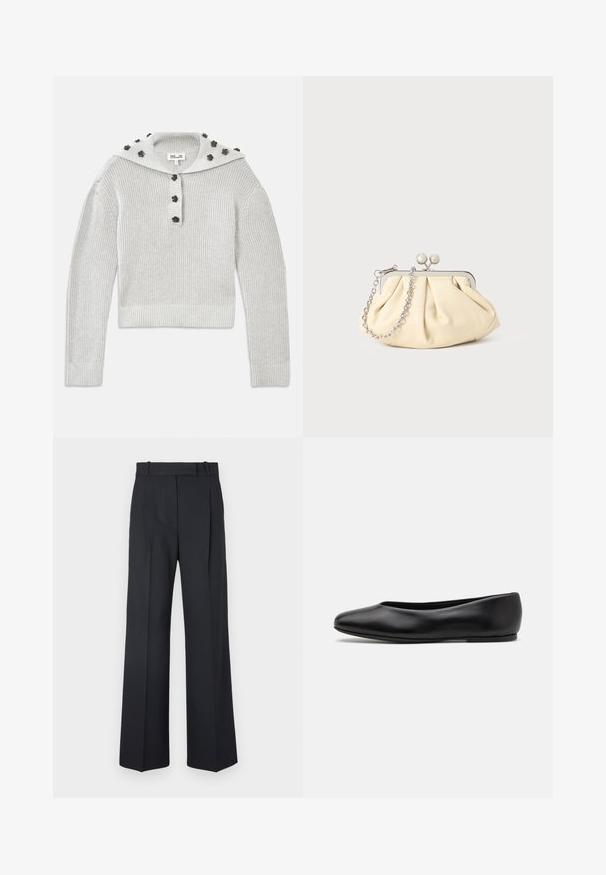 Svetlosivi, rebrasti džemper s kratkim krojem, spojen dugmadi i kapuljačom ukrašenom detaljima u obliku cvijeća.; Tamno plave prugaste hlače visokog struka, širokih nogavica, bez vidljive opreme ili ukrasa. Glatka tekstura i kroj prilagođen tijelu.; Paul Smith TOPANGA - Balerinke - black; Nabrana bež kožna torbica s srebrnim metalnim okvirom, koja sadrži dva okrugla dekorativna kopčanja i srebrnu lančanu naramenicu.