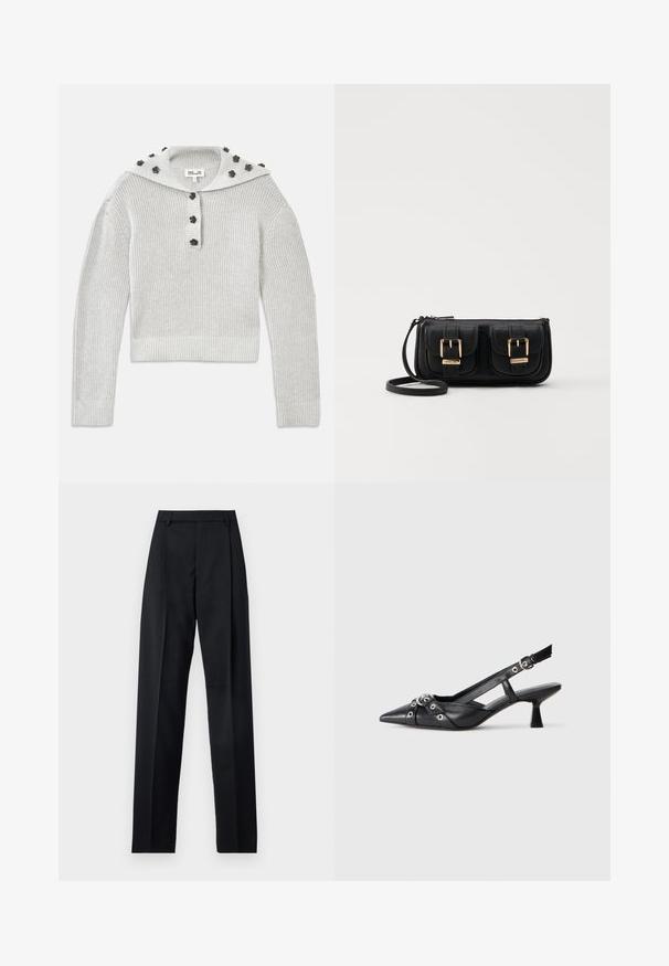 Light gray, ribbed knit sweater with a cropped design, joined by a buttoned placket and a hood adorned with flower-shaped accents.; Black trousers made from smooth fabric featuring a high waist, wide legs, front pleats, and classic belt loops. No side pockets visible.; Black leather slingback shoe with a pointed toe, decorative straps featuring metal eyelets, and a low block heel. Textured surface.; Black leather crossbody bag with two front pockets, gold buckles, zipper closure, and a slim strap. Textured surface and compact rectangular shape.