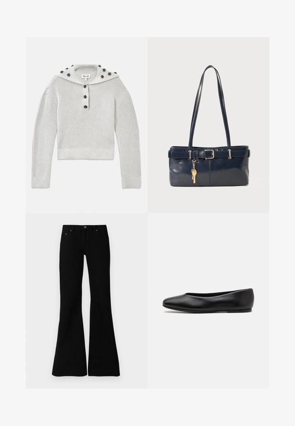 Suéter de malha com faixa de cor cinza claro, de design curto, unido por uma pala com botões e com um capuz adornado com detalhes em forma de flor.; Saias de ganga pretas, estilo flare, com um design clássico de cinco bolsos, fecho de botão e detalhes de costura sutis ao longo das costuras.; Paul Smith TOPANGA - Sabrinas - black; Bolsa de couro azul-marinho com duas alças longas, um detalhe de fivela e um porta-chaves anexado. Apresenta uma textura suave e uma forma retangular.