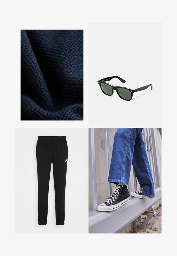 Tummansininen teksturoitu kangas, jossa on ruutukuvio, esittelee pehmeän, neulotun ulkonäön ja hieno kiilto.; Mustat collegehousut, joissa on elastinen vyötärö, resoreilla varustetut lahkeet ja pieni valkoinen Nike-logo vasemmalla puolella. Valmistettu pehmeästä teksturoidusta kankaasta.; Mustat high-top tennarit valkoisella pohjalla ja nauhoilla, yhdistettynä väljään sinisiin farkkuihin, lepäävät harmaalla kaiteella.; Mustat muoviset aurinkolasit, joissa on vihreät linssit, neliönmuotoiset kehykset, hopeinen yksityiskohta kulmakarvojen kohdalla sekä tekstuuriset temppeleiden varret. Brändi ilmoitettu sisävarsissa.