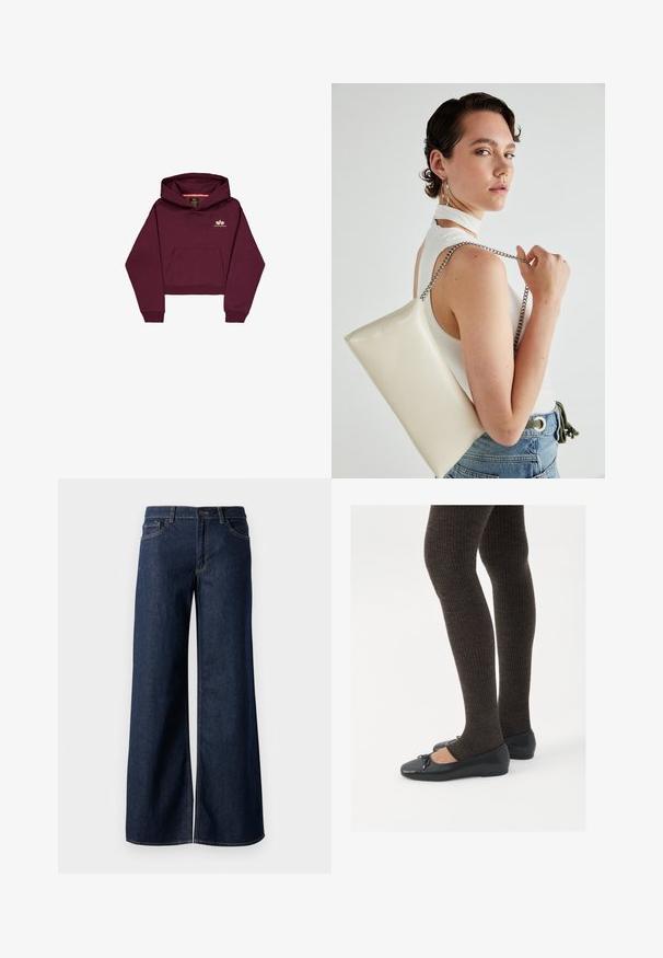 Burgunderfarget cropped hettegenser laget av mykt materiale, med en frontlomme og en liten logoakkent på brystet. Lange ermer med ribbestrikkede mansjetter.; Vide benbukser i mørkeblå denim. Har kontrastsøm, fem lommer og en knaplukning i taljen. Glat tekstur.; Sorte flate sko med en liten sløyfedetalj på tåen, kombinert med mørkebrune ribbede strømpebukser. Skoene har en glatt overflate og lav profil.; Hvit rektangulær clutch-veske laget av blankt materiale, med en sølvkjede-stropp. Modellen poserer og viser vesken mot en ensfarget bakgrunn.