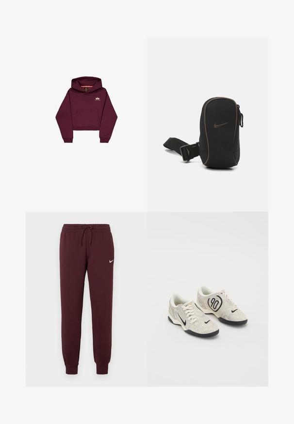 Felpa corta bordeaux realizzata in tessuto morbido, con tasca frontale e un piccolo logo sul petto. Maniche lunghe con polsini a coste.; Pantaloni della tuta color bordeaux con vita elastica e cordino. Presentano polsini a costine e un piccolo logo Nike bianco sulla coscia sinistra. Texture liscia.; Sneakers Nike con una parte superiore testurizzata beige e grigia, dettagli neri, un grande logo "90" e una chiusura con lacci bianchi. Suola nera.; Borsa nera Nike con chiusura a zip, tessuto texturizzato, dettagli marroni e una tracolla rimovibile. Presenta un logo Nike in evidenza sulla parte anteriore.