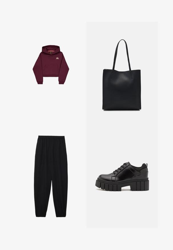Burgundská zkrácená mikina vyrobená z měkkého materiálu, s přední kapsou a malým logem na hrudi. Dlouhé rukávy s žebrovanými manžetami.; Černé, lehké kalhoty s elastickým pasem a nařasenými kotníky. Tkanina je hladká a má uvolněný, zúžený design.; Černé kožené platformové boty s masivním blokovým podpatkem, kulatou špičkou a tradičním šněrováním. Mají hladký povrch a minimální detaily.; Černá kožená taška přes rameno s hladkým povrchem, obdélníkovým tvarem a dvěma dlouhými uchy. Žádné viditelné kování ani ozdoby.