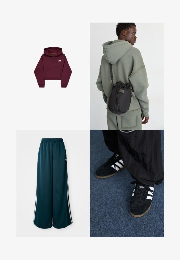 Burgundský skrátený mikina vyrobená z mäkkého materiálu, s prednou kapsou a malým logom na hrudi. Dlhé rukávy s rebrovanými manžetami.; Tyrkysové široké tepláky s elastickým pásom, na bočných stranách s tromi bielymi pruhmi a logom Adidas na ľavej strane.; Čierne roháčiky z semišu so tromi bielymi pruhmi a čiernymi šnúrkami. Texturované čierne nohavice sú čiastočne viditeľné vedľa topánok.; Čierny vak na šnúrku vyrobený z odolného materiálu, s logom na nášivke, nosený cez telo v kombinácii s svetlozelenou mikinou.