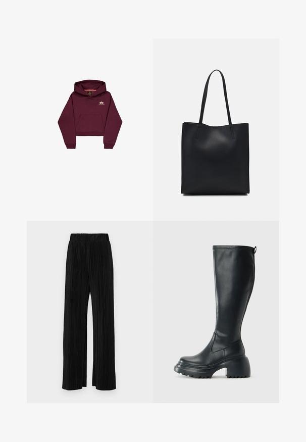 Burgundský skrátený mikina vyrobená z mäkkého materiálu, s prednou kapsou a malým logom na hrudi. Dlhé rukávy s rebrovanými manžetami.; Čierne plisované nohavice s elastickým pásom. Majú široké nohavice a hladkú, textúrovanú látku s vertikálnymi pruhmi.; Vysoká čierna kožená čižma s masívnou platformou a blokovým podpätkom, s praktickým pútkom a textúrovaným vzorom na podošve.; Čierna kožená taška na rameno s hladkým povrchom, obdĺžnikovým tvarom a dvoma dlhými uchami. Bez viditeľného kovania alebo ozdôb.