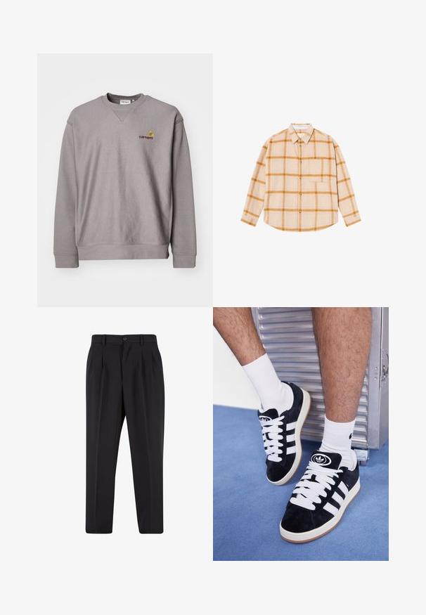 Felpa grigia con scollatura a girocollo, polsini a costine e un logo sottile in ricamo giallo e bordeaux. Realizzata in tessuto morbido e strutturato.; Camicia a maniche lunghe a quadri in beige con motivi gialli e marroni, design con bottoni, taschino singolo sul petto, realizzata in un tessuto testurizzato.; Pantaloni neri con design a pieghe sul davanti, realizzati in tessuto morbido. Presentano una chiusura con bottone e passanti per cintura; vestibilità a gamba dritta.; Sneakers in suede nero con lacci bianchi e tre strisce bianche. Presentano un logo circolare nero sulla linguetta e una suola in gomma color gomma.
