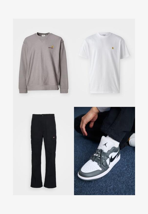 Pelēks sporta krekls ar apaļu kakla izgriezumu, ribotām piedurknēm un maigu logo dzeltenā un bordo izšuvumā. Izgatavots no mīkstas, teksturētas auduma.; Balta kokvilnas t-kreklu ar īsām piedurknēm, apaļu kakla izgriezumu, ar mazu zelta logotipu kreisajā krūšu pusē. Mīksta tekstūra un regulāra piegriezuma.; Melni cargo bikses ar taisnu kāju dizainu, izgatavotas no izturīga auduma, ar sānu kabatām un plāksteri ar logotipu pa kreisi.; Nike Air Jordan 1 kedas baltā un pelēkā ādas krāsā, ar melnu logotipu, perforētu purngalu un plakaniem pelēkiem šņorēm.
