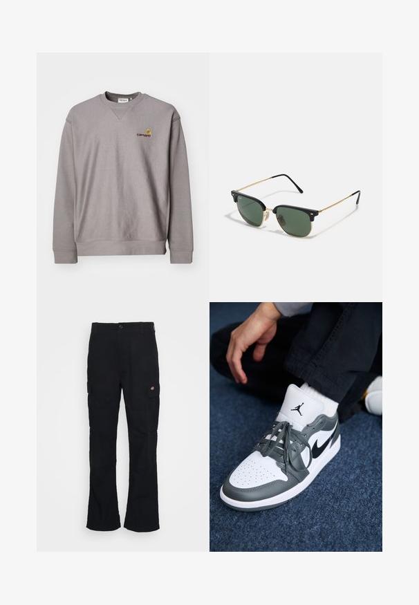 Sweatshirt gris avec un col rond, des poignets côtelés et un logo discret brodé en jaune et bordeaux. Fabriqué en tissu doux et texturé.; Pantalons cargo noirs avec une coupe droite, fabriqués en tissu durable, dotés de poches latérales et d'un logo en patch sur le côté gauche.; Baskets Nike Air Jordan 1 en cuir blanc et gris, avec un logo noir, un bout perforé et des lacets plats gris.; Lunettes de soleil avec des verres verts, un cerclage supérieur en plastique noir, des accents en métal doré et des branches fines en noir. Présente un design de pont distinctif.