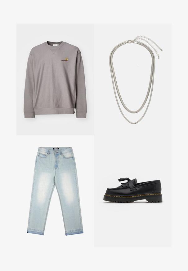 Sudadera gris con cuello redondo, puños de canalé y un sutil logo bordado en amarillo y burdeos. Fabricada con una tela suave y texturizada.; Pegador BARROW - Vaqueros holgados - sand washed blue; Mocasín de cuero negro con un acento de borlas, que presenta una suela gruesa negra y costuras amarillas a lo largo del borde. Acabado texturizado.; Collar de metal plateado de tres capas que presenta cadenas flexibles y elegantes con un ligero brillo, asegurado con un cierre de langosta y cadena ajustable.