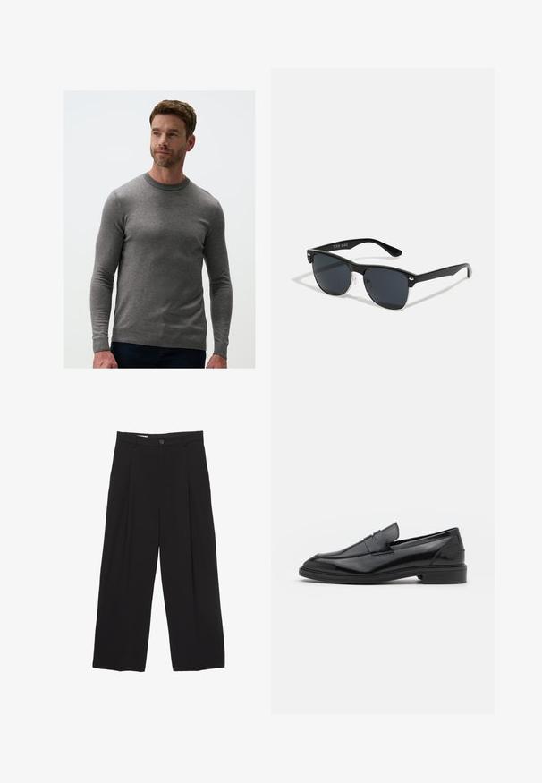 Grijze gebreide trui met lange mouwen, ronde halslijn en geribde manchetten. De stof heeft een soepele textuur, een aansluitend ontwerp en een subtiel patroon.; Zwarte wijde broek gemaakt van gladde stof, met een platte tailleband, voorplooien en een enkele knoopsluiting.; Zwarte leren instappers met een gladde afwerking, voorzien van een ronde neus en een smalle band over de bovenkant. Lage gestapelde hak.; Zwarte zonnebril met een rechthoekige vorm, donkere lenzen, zilveren accenten bij de slapen en een matte afwerking op het montuur.
