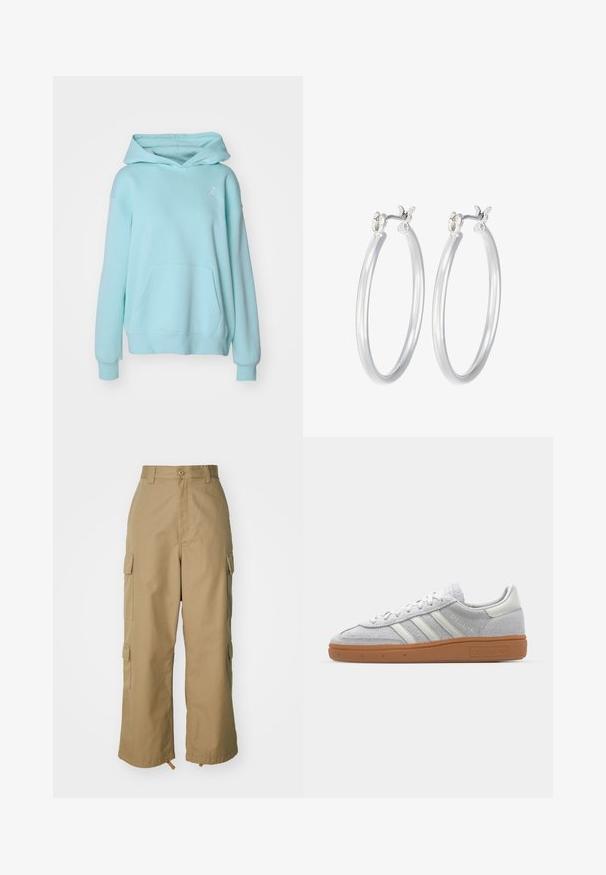 Jordan Mikina - light dew/(white); Biely rebrovaný top s dlhým rukávom a okrúhlym výstrihom. Vyrobený z pružného materiálu, ktorý obopína telo. Obsahuje jemné horizontálne pruhy.; béžové cargo nohavice s vysokým pásom, širokými nohavicami a štyrmi veľkými bočnými vreckami. Vyrobené z odolnej tkaniny s hladkou textúrou a minimálnymi detailmi.; Svetlo šedé semišové tenisky s bielymi koženými akcentmi, tromi bielymi pruhmi a hnedou gumovou podrážkou, s polstrovaným golierom pre pohodlie.; Strieborné kruhové náušnice s hladkým, lesklým povrchom. Kolový tvar a bezpečné klikanie na uzatváranie. Ľahký dizajn vhodný na každodenné nosenie.
