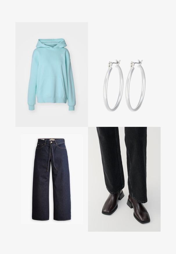 Jordan Felpa - light dew/(white); Jeans in denim scuro a gamba larga con vita alta, dotati di un laccio, cinque tasche e dettagli di cucitura a contrasto.; Stivali in pelle marrone fino alla caviglia con punta quadrata e tacco a blocco, abbinati a jeans neri a gamba larga. Texture liscia e design minimalista.; Orecchini a cerchio in argento con una finitura liscia e lucida. Forma rotonda e chiusura a scatto sicura. Design leggero adatto per l'uso quotidiano.