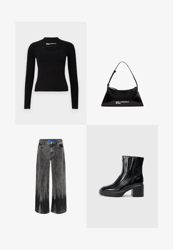 Μαύρο τοπ με μακριά μανίκια από ριγωτό ύφασμα. Διαθέτει ψηλό λαιμό και λεπτομέρεια κοπής στο στήθος. Κείμενο λογότυπου στον ώμο.; Φαρδιά τζιν παντελόνια από ξεθωριασμένο μαύρο τζιν, με εφέ dip-dye, μεταλλικά αξεσουάρ και κλασικό σχέδιο πέντε τσεπών με κανονική μέση.; Μαύρες πατενταρισμένες δερμάτινες μπότες στον αστράγαλο με καμπυλωτή μύτη, ελαστικές πλαϊνές πινακίδες και χοντρό μπλοκ τακούνι. Διαθέτουν ανάγλυφο λογότυπο στο πίσω μέρος.; Μαύρη πατεντά leather τσάντα χειρός σε τριγωνικό σχήμα, με επάνω φερμουάρ και ρυθμιζόμενο λουρί. Λογότυπο "KARL LAGERFELD JEANS" σε ασημί.