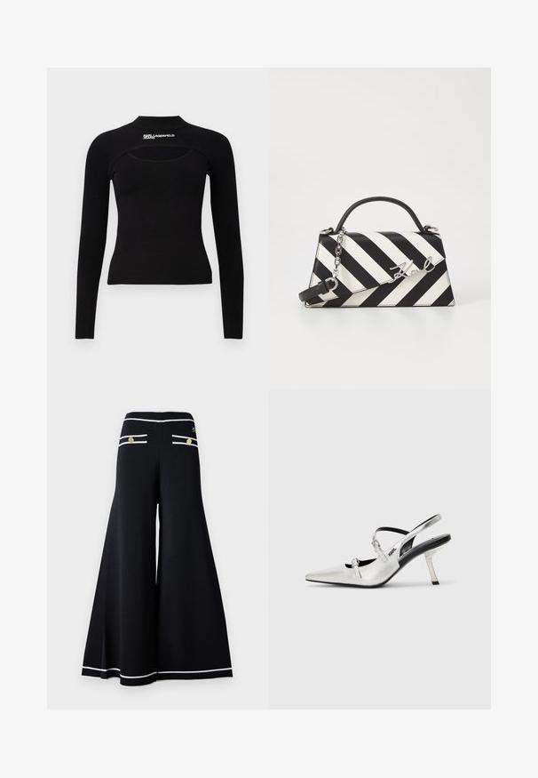 Melna garām piedurknēm augšdaļa, izgatavota no ribota auduma. Iezīmē augstu apkakli un izgriezumu uz krūškurvja. Uz pleca redzams logo teksts.; Melnas platas bikses ar baltām apmalēm, kurām ir zelta pogu detaļas aizmugurējos kabatās un gluda, teksturēta auduma apdare.; Sudraba slingback papēži ar norādītu purngali, ar gludu metālisku apdari, šauru papēdi un dekoratīviem siksniņu akcentiem.; Melnām un baltām svītrām rotāta rokassoma ar strukturētu formu, ar augšējo rokturi, noņemamu ķēdes siksnu un metāla logotipa akcentu.