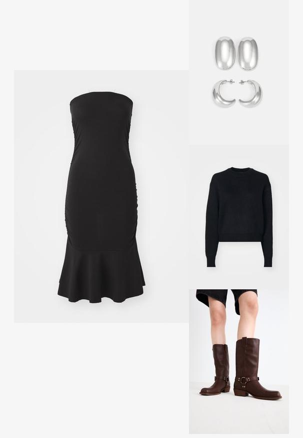 Fekete cropped pulóver kerek nyakkal, hosszú ujjal, texturált kötött anyagból, bordázott mandzsettákkal és szegéllyel. Egyszerű és modern dizájn.; Fekete, pánt nélküli ruha rugalmas anyagból, oldalt ráncolással és bővült szegéllyel. Sima textúra, testhez simuló fazon.; Barna bőr, térd feletti csizmák kerek orral, textúrázott felülettel, bokapánttal és ezüst hardware részletekkel; rétegezett sarokkal.; Ezüst színű fülbevaló szett: két ovális stud és két félhold alakú karika, fényes, sima felülettel és kerekdeden formával.