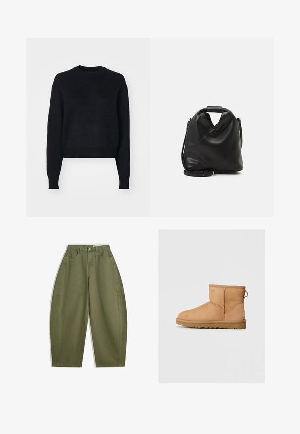 Zwarte cropped trui met een ronde hals, lange mouwen, textuurgehaakt stof en geribbelde manchetten en zoom. Eenvoudig en modern ontwerp.; Olijfgroene wijde broek van katoen, met een hoge taille, voorzakken en een zachte textuur. Geen versieringen of patronen.; Tan suède enkellaars met ronde neus, gestikte details, trekhaak aan de achterkant en een gestructureerde rubberen zool. Ontworpen voor comfort en warmte.; Zwarte, zachte leren tas met een unieke gedraaide vorm. Voorzien van een korte handgreep en een afneembare schouderriem. Minimalistische stijl.