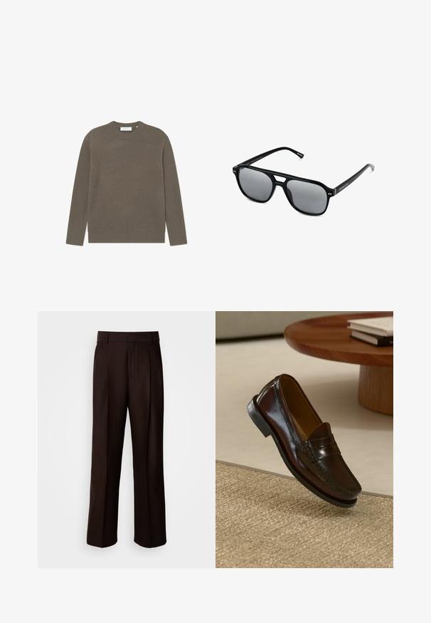 Gerippter Strickpullover in erdigem Braun, mit Rundhalsausschnitt und langen Ärmeln, mit strukturiertem Finish und dezentem Markenetikett.; Braune maßgeschneiderte Hose mit geradem Bein, versehen mit einer vorderen Falte, glatter Textur und klassischem Bund. Geeignet für formelle Anlässe.; Braune Leder-Lederschuhe mit glänzender Oberfläche, die eine gestickte Detail entlang der Vorderseite und eine niedrigprofilierte schwarze Gummisohle aufweisen.; Schwarze Sonnenbrille mit rechteckigen Rahmen, grauen getönten Gläsern und einer Aussparung im Nasensteg. Schlanker, glänzender Kunststoff, mit schmalen Bügeln.