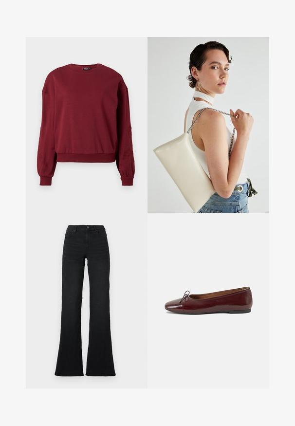 Felpa a maniche lunghe color bordeaux con colletto rotondo, polsini e orlo a coste, caratterizzata da un delicato ricamo floreale sulle maniche.; Jeans svasati neri a vita alta con tasche frontali, passanti per cintura e chiusura con bottone su sfondo bianco.; Ballerine in pelle verniciata bordeaux con punta arrotondata, piccolo fiocco decorativo sulla parte anteriore e suola bassa in gomma nera. Texture liscia.; Borsa a pochette rettangolare bianca realizzata in materiale lucido, con una tracolla in catena argentata. Il modello posa, mostrando la borsa su uno sfondo semplice.