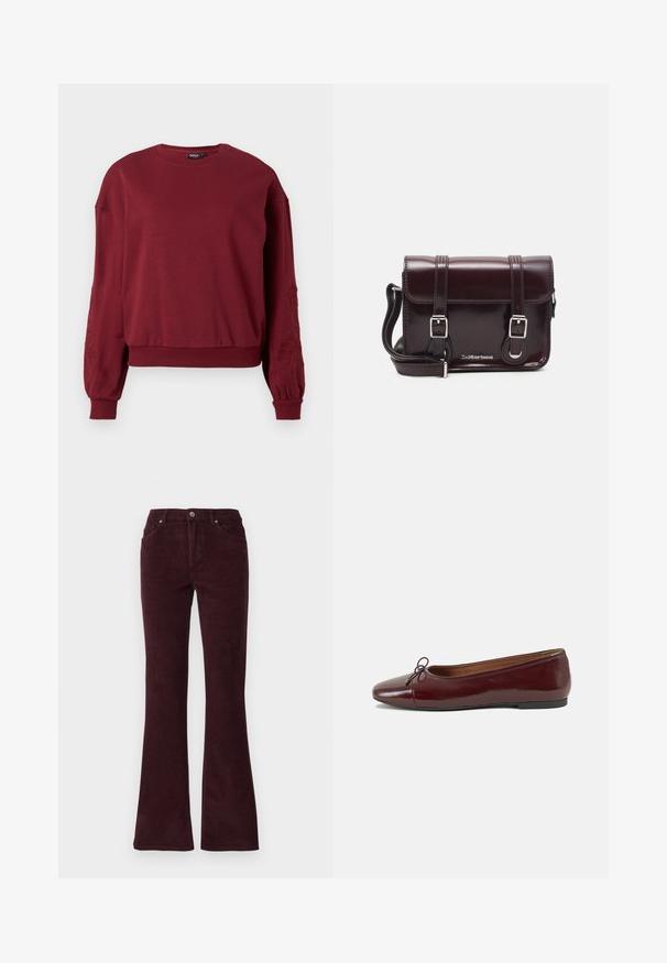 Burgundská mikina s dlouhým rukávem, kulatým výstřihem, žebrovanými manžetami a lemem, s jemnou květinovou výšivkou na rukávech.; Burgundské manšestrové zvonové kalhoty s hladkou strukturou, pěti kapsami a kovovým knoflíkem na zapínání v pase.; Burgundské lakové baleríny s kulatou špičkou, malou mašlí vpředu a nízkou černou gumovou podrážkou. Hladký povrch.; Burgundská lakovaná křížová taška obdélníkového tvaru, se dvěma popruhy, stříbrnými kovovými doplňky a klopovým uzávěrem.