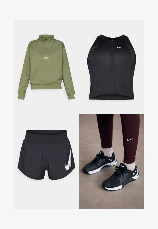 Sudadera con cremallera de color verde oliva, con cuello simulado y puños acanalados. Presenta un logo bordado en blanco en el pecho. Tejido suave y texturizado.; Top corto deportivo negro con cremallera frontal, detalles de malla y un diseño ajustado. Fabricado con tejido elástico y transpirable. Logo de Nike en la parte frontal.; Pantalones cortos deportivos negros con cinturilla elástica, bajos curvados y un prominente logotipo blanco de Nike en el lado izquierdo. Tejido suave y ligero.; Zapatillas deportivas negras con un upper texturizado y acentos blancos, con cordones y un logo en el lateral. Llevadas con leggins color burdeos y calcetines claros.