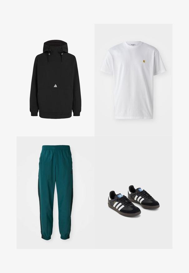 Czarna kurtka z kapturem, z elastycznymi mankietami i dolnym hemem. Posiada przednią kieszeń oraz trójkątną naszywkę na piersi.; Biała bawełniana koszulka z krótkim rękawem, okrągłym dekoltem, z małym złotym logo na lewej części klatki piersiowej. Miękka textura i regularny krój.; Turkusowe spodnie sportowe z elastycznym paskiem, ściągaczem w pasie, elastycznymi mankietami i bocznymi czarnymi paseczkami. Wykonane z lekkiego materiału, z logo w okolicy bioder.; Czarne sneakersy z zamszową i syntetyczną cholewką, wyposażone w trzy białe paski, teksturowaną gumową podeszwę oraz niebieską metkę z logo na języku.