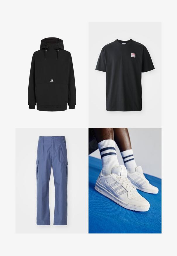 Zwarte pulloverjack met een capuchon, elastische manchetten en onderrand. Heeft een voorzak en een driehoekig logo op de borst.; Zwarte katoenen t-shirt met ronde hals, korte mouwen en een klein gekleurd label op de linkerkant van de borst met het woord "SUPERIOR."; Blauwe cargobroek gemaakt van gestructureerde stof, met zijzakken, een knoopsluiting en een rechte pasvorm.; Witte leren sneakers met geperforeerde accenten, drie metalen strepen en een textuurpanel aan de zijkant. Draagt met witte sokken met blauwe strepen.