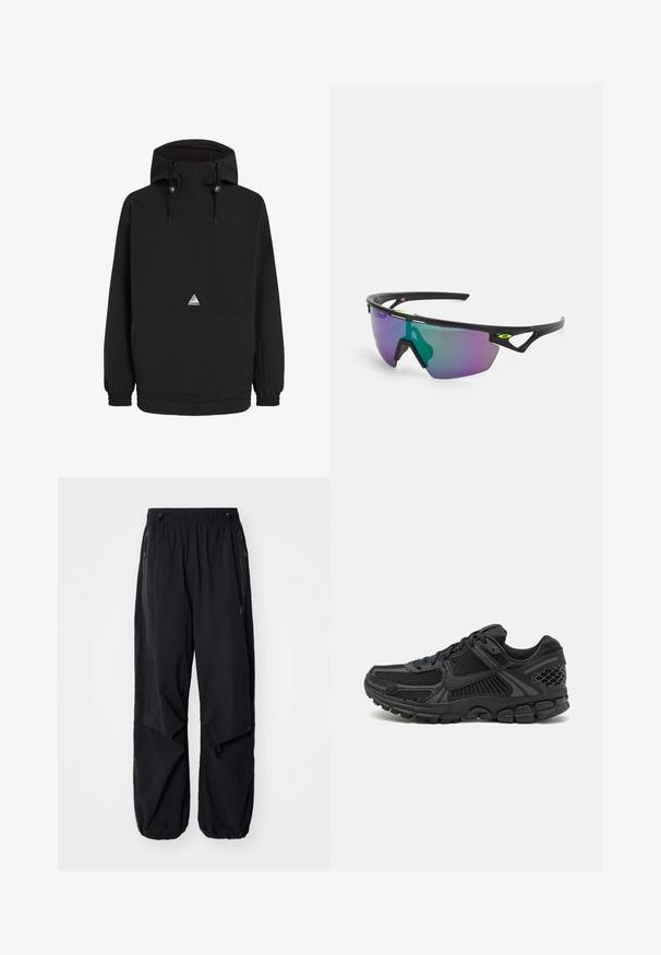 Schwarze Pulloverjacke mit Kapuze, elastischen Bündchen und Saum. Verfügt über eine Fronttasche und ein dreieckiges Logo auf der Brust.; Schwarze leichte Cargo-Hosen mit elastischem Bund, seitlichen Reißverschlüssen und geräumigen Taschen. Bietet eine lockere Passform und tapered Bündchen.; Schwarzer Sportschuh mit mesh-Obermaterial, Gummisohle und strukturierten Akzenten. Das Design umfasst ein ausgeprägtes Schnürsystem und eine gepolsterte Sohle.; Sportsonnenbrille mit einem schwarzen Rahmen, großen Verlaufslinsen in lila und grünen Farbtönen sowie winkeligen Designelementen mit Logodetails.