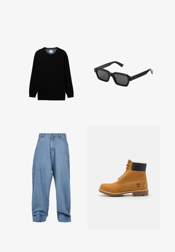 Maglione nero a maniche lunghe realizzato in materiale a coste con scollatura rotonda. Presenta un logo sottile sul petto e un colletto interno a contrasto.; Polo bianco realizzato in cotone. Presenta un colletto classico, una chiusura a tre bottoni e maniche corte. Logo discreto ricamato sul petto.; Pantaloni in denim azzurro chiaro con vestibilità ampia, chiusura con bottone, tasche frontali e orlo risvoltato, dotati di un classico design a cinque tasche.; Stivale alla caviglia in pelle marrone con occhielli metallici, fodera in pelliccia bianca, colletto imbottito nero, suola robusta e logo impresso sul lato.; Occhiali da sole neri, di forma quadrata, con lenti grigie. Le montature in plastica spessa presentano dettagli dorati e branding sulla tempia. Texture liscia.