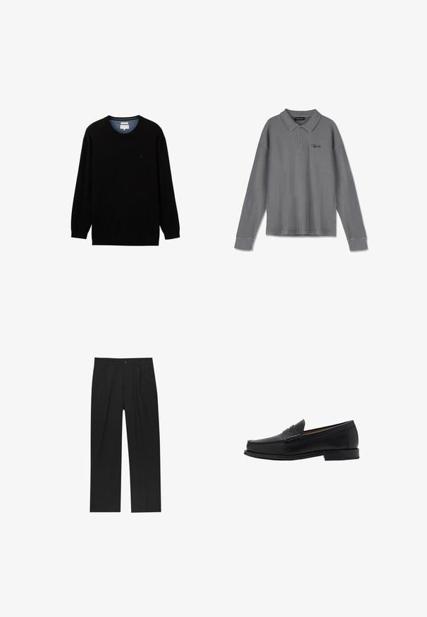 Čierny sveter s dlhými rukávmi vyrobený z rebrového materiálu s okrúhlym výstrihom. Obsahuje jemné logo na hrudníku a kontrastný vnútorný golier.; Dlhý rukáv polo tričko v pruhovanej šedej látke. Obsahuje golier, pruh s tromi gombíkmi a jemné čierne logo na hrudi.; Čierne nohavice s rovnými nohavicami, vyrobené z hladkej tkaniny. Majú predné puky a jediné gombíkové zapínanie v páse.; Mango Elegantné našuchovačky - black