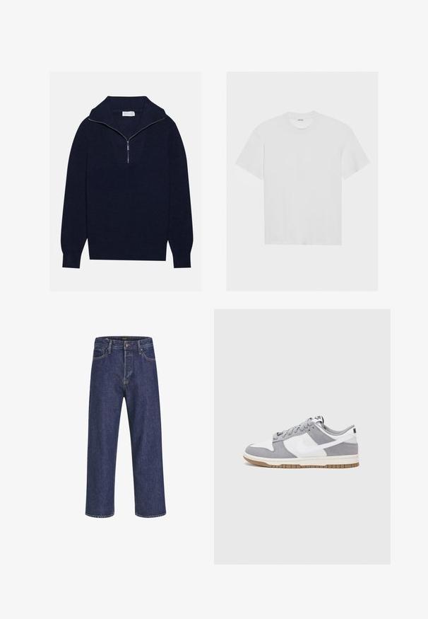 Tamsiai mėlynas megztinis su pusiau užtrauktuku, su įribuoto paviršiaus tekstūra ir V formos dizainu priekyje. Ilgos rankovės ir prigludęs apatinis kraštas.; Balta medvilninė marškinė su trumpomis rankovėmis, apvaliu iškirpimu ir laisvu siluetu. Sklandus paviršius be matomų raštų ar akcentų.; Tamsiai mėlynos džinsinės kelnės su tiesiu kirpimu, penkių kišenių dizainu, metaline sagte ir kontrastingomis siūlėmis, pasižyminčios subtilia tekstūra.; Pilka ir balta sportinė avalynė su zomšiniu ir odiniu viršumi, suapvalintu pirštu, plokščiomis raištelėmis ir guminėmis padais su guminiu akcentu.