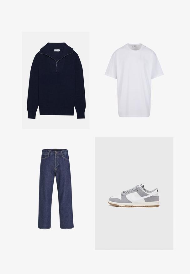 Tumed sinise kudumisega sviiter poole luku kaelusega, mis sisaldab ribakujulist tekstuuri ja V-kujulist disaini esiosas. Pikad varrukad ja kitsasäär.; Valge puuvillane t-särk lühikeste varrukatega, ümmarguse kaelusega, lõdva lõikega ja ilma nähtavate logodeta või mustriteta. Sile tekstuur ja minimaalne disain.; Tume sinine denimist valmistatud sirge lõikega teksad, viie tasku disain, metallnupuga sulgur ja kontrastne õmblemine, omades peent tekstuuri.; Halli ja valge tennis鞋, millel on nubuk- ja nahkdetailid, ümar varvas, lamedad nöörid ning kummist tald, millel on kola aktsent.