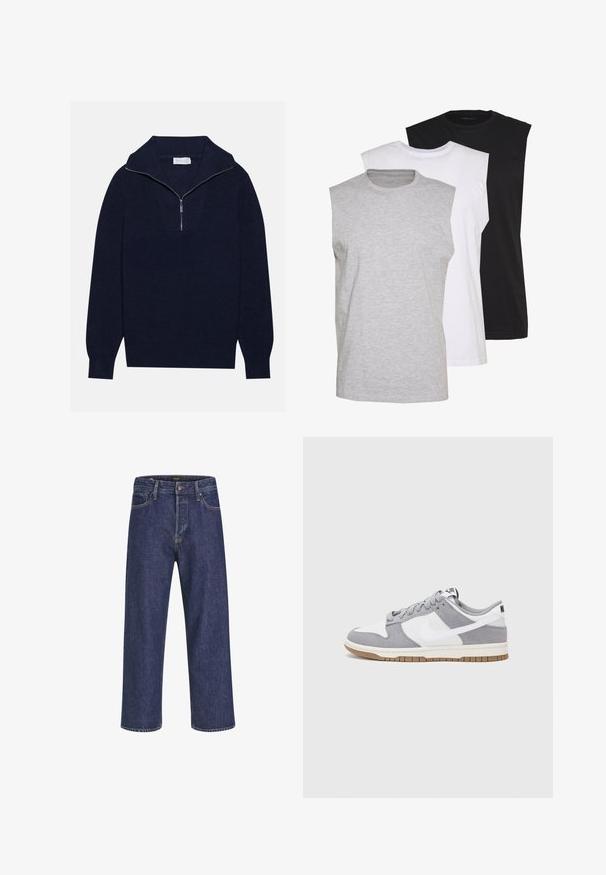 Pull en maille bleu marine avec un col zippé à moitié, présentant une texture côtelée et un design en V sur le devant. Manches longues et ourlet ajusté.; Trois t-shirts sans manches en gris, blanc et noir. Tissu en coton doux avec un col rond et une coupe décontractée. Design simple, sans motifs.; Jean en denim bleu foncé avec une coupe droite, un design à cinq poches, une fermeture à bouton en métal et des surpiqûres contrastantes, présentant une texture subtile.; Baskets grises et blanches avec un dessus en suède et cuir, bout rond, lacets plats et semelle en caoutchouc avec une touche de gomme.