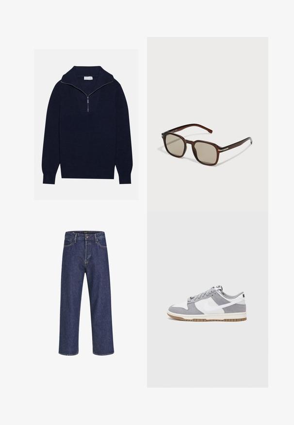 Dunkelblaues Strickpullover mit einem halben Reißverschluss-Kragen, der eine gerippte Textur und ein V-förmiges Design auf der Vorderseite bietet. Lange Ärmel und taillierter Saum.; Dunkelblaue Denim-Jeans mit geradem Schnitt, Fünf-Taschen-Design, Metallknopfverschluss und kontrastierenden Nähten, die eine dezente Textur aufweisen.; Graue und weiße Sneaker mit einem Obermaterial aus Wildleder und Leder, abgerundeter Spitze, flachen Schnürsenkeln und einer Gummisohle mit einem Kautschukakzent.; Braune rechteckige Sonnenbrille mit getönten Gläsern, Kunststoffrahmen und Metallelementen an den Seiten. Bietet ein elegantes Design und eine glatte Textur.