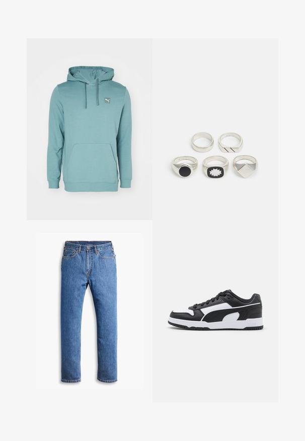 Τιρκουάζ φούτερ με κουκούλα κατασκευασμένο από μαλακό ύφασμα, διαθέτει καγκουρό τσέπη και μια μικρή πλακέτα λογότυπου στην επάνω αριστερή πλευρά.; Μπλε τζιν παντελόνι με ίσια γραμμή, διαθέτοντας πέντε τσέπες, κουμπί κλεισίματος και πορτοκαλί ραφές σε καθαρό λευκό φόντο.; Μαύρο και άσπρο sneaker με δερμάτινο άνω μέρος, υφή στις λεπτομέρειες, επενδεδηγμένη γλώσσα, σχέδιο με κορδόνια και καουτσούκ σόλα με αυλακώσεις.; Πέντε ασημένιες βέρες: μία με μια μαύρη κυκλική λεπτομέρεια, μία με ένα γεωμετρικό σχέδιο σε λευκό και μαύρο, και άλλες με διάφορα σχήματα και φινιρίσματα.