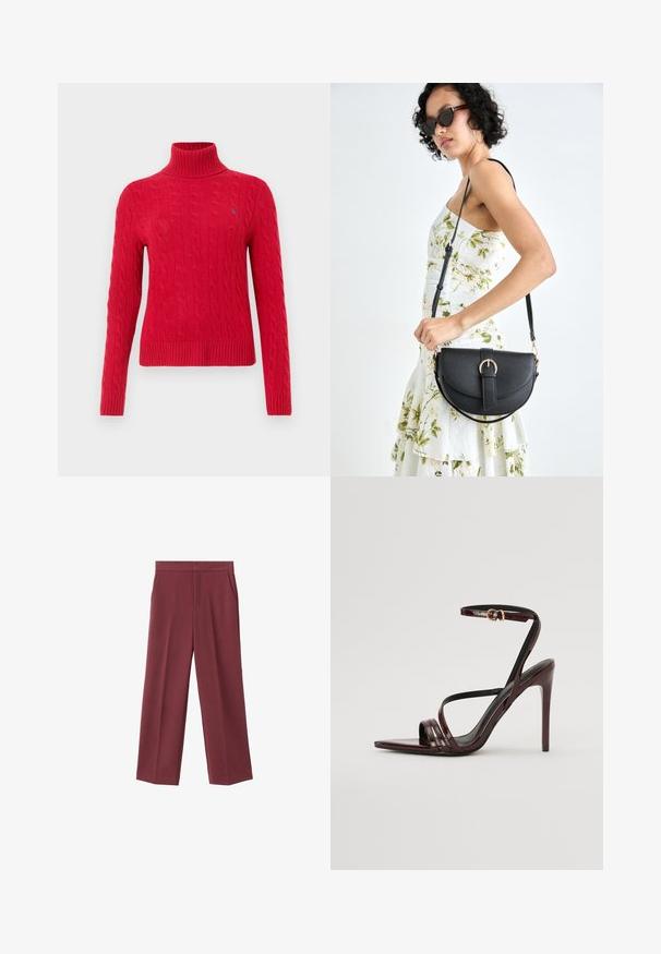 Rdeča pulover z visokim ovratnikom iz pletene pletenine, z dolgimi rokavi, rebrastimi manšeti in robom. Ima majhen logotip v modri barvi na prsih.; Maroonske široke hlače z gladko teksturo, ki imajo stranske žepke in visok pas. Prilagojene z čistim sprednjim pregibom.; Burgundske lakirane sandale na visoki peti z gležnjastim trakom, koničastim nosom in tremi vodoravnimi trakovi preko stopala. Podrobnost s zlatim zaponko.; Črna usnjena torbica s ukrivljeno obliko, z odstranljivo naramnico in zlatimi dodatki. Torbica ima pokrov s podrobnostmi v obliki zaponke.