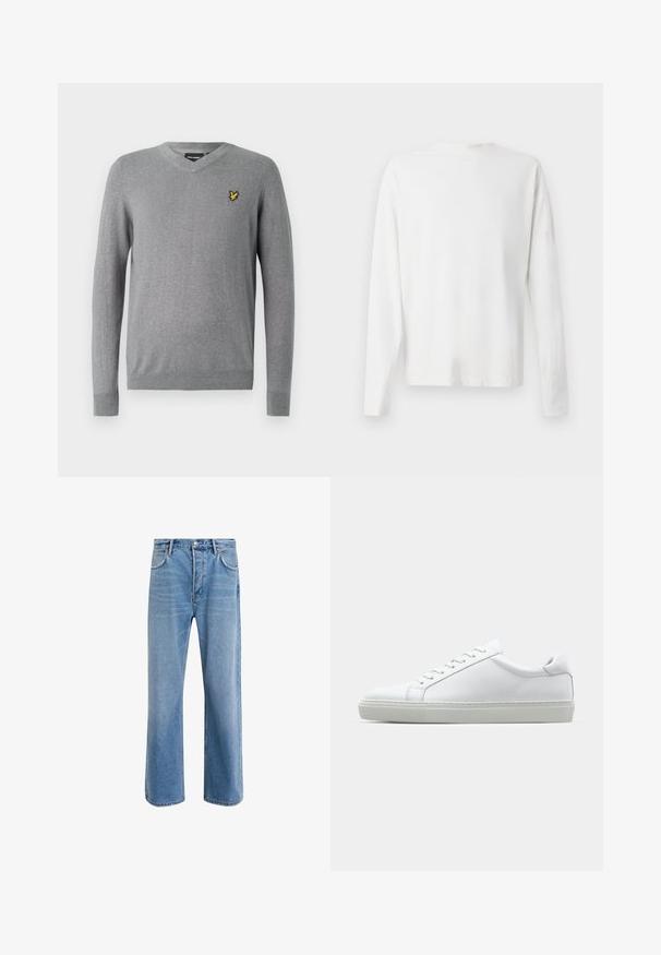 Lyle & Scott V NECK - Pulover - mid grey; Bela bombažna srajca z dolgimi rokavi in okroglo ovratnikom, z bočnimi razporki na dnu in gladko teksturo, prikazana s hrbtne strani.; Svetlo modre denim kavbojke s ravno nogavico, petimi žepi, z gumbom za zapiranje, minimalnim zbledelostjo in kontrastnimi šivi.; Bela športna obutev z gladkim usnjenim zgornjim delom in nizkim profilom. Ima zaokrožen nos, šest lukenj za vezalke in teksturiran gumijast podplat.