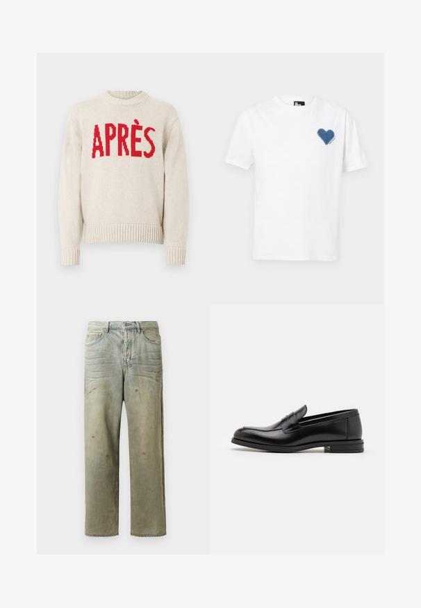 Beige knitted sweater with ribbed cuffs and hem, featuring bold red text "APRÈS" across the chest.; White cotton t-shirt featuring a blue denim heart appliqué on the left chest. Short sleeves and a classic crew neckline.; Distressed denim jeans in light green, featuring a straight leg, five-pocket design, and uneven fading with paint splatters.; Black leather loafers with a smooth texture, rounded toe, and a decorative strap across the vamp. Low stacked heel, minimalist design.