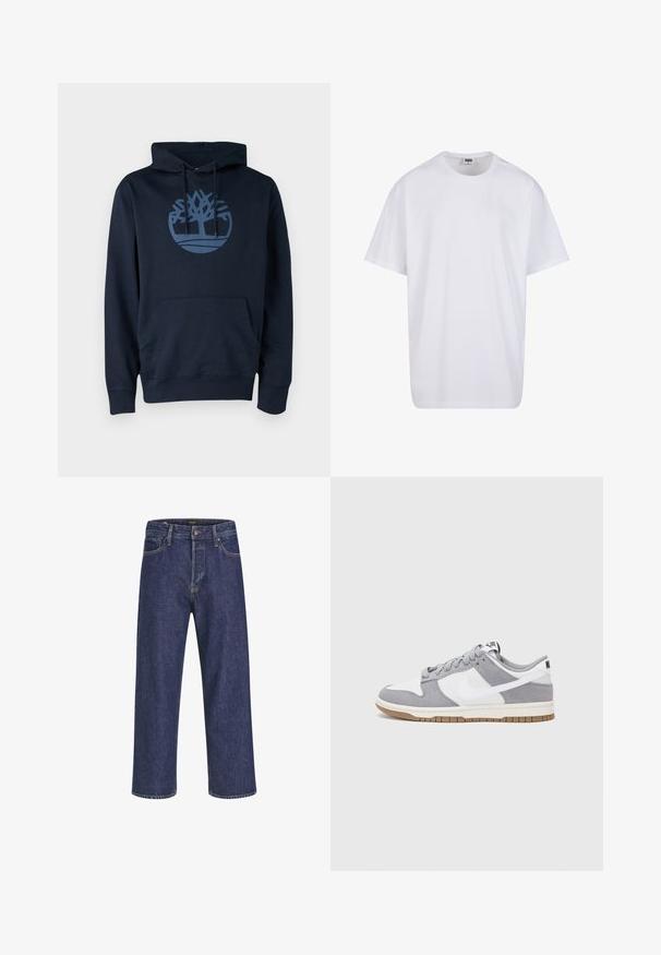 Sudadera azul marino hecha de tela de mezcla de algodón, con un bolsillo frontal y un logo de árbol circular en un azul más claro en el pecho.; Camiseta blanca de algodón con mangas cortas, cuello redondo, corte relajado y sin logotipos ni patrones visibles. Textura suave y diseño minimalista.; Vaqueros de mezclilla azul oscuro con corte recto, diseño de cinco bolsillos, cierre de botón metálico y costuras en contraste, que presentan una sutil textura.; Zapatilla gris y blanca con parte superior de ante y cuero, puntera redondeada, cordones planos y suela de goma con un acento de goma.