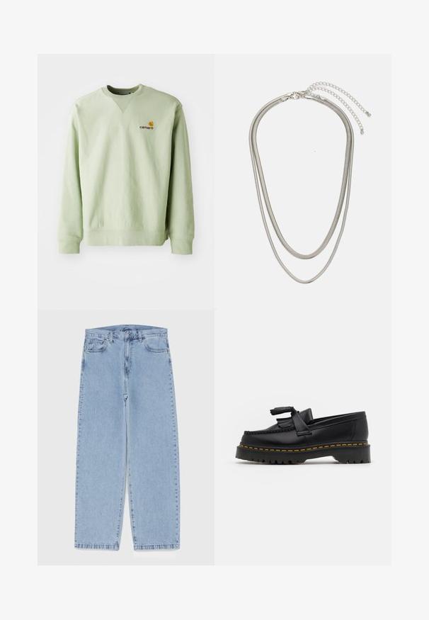 Lichtgroen sweatshirt van een katoenmix. Voorzien van ribbels bij de manchetten en onderkant, met een klein geborduurd logo op de borst. Eenvoudig ontwerp, ronde hals.; Lichtblauwe denim jeans met een recht model, voorzien van een middelhoge taille, vijf zakken en een knoop- en ritssluiting.; Zwarte leren loafers met een franjesaccent, voorzien van een dikke zwarte zool en gele stiksels langs de rand. Gevoelige afwerking.; Driedelige zilveren metalen halsketting met slanke, flexibele kettingen met een lichte glans, beveiligd met een karabijnhaak en een verstelbare ketting.