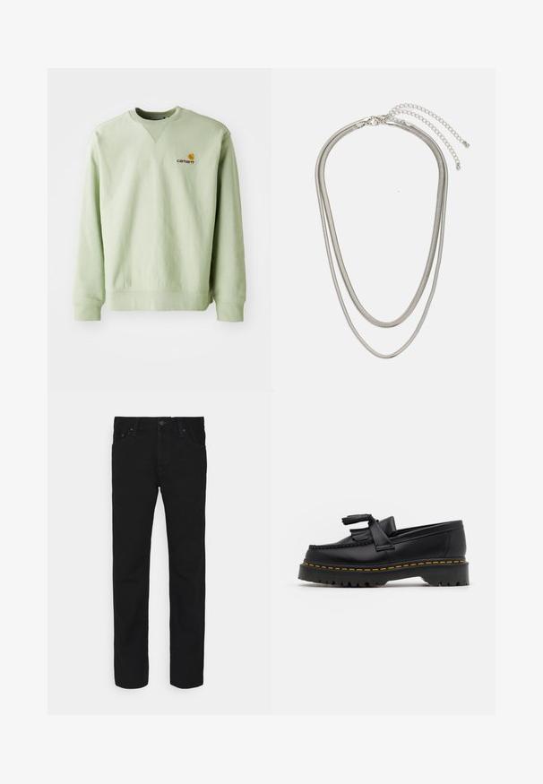 Felpa verde chiaro realizzata in misto cotone. Presenta polsini e orlo a costine, con un piccolo logo ricamato sul petto. Design semplice, con scollo rotondo.; Jeans neri a gamba dritta con bottone anteriore e zip, design a cinque tasche, presentati su uno sfondo bianco.; Mocassino in pelle nera con un'accento a frange, dotato di una suola nera spessa e cuciture gialle lungo il bordo. Finitura testurizzata.; Collana in metallo argentato a tre strati caratterizzata da catene sottili e flessibili con una leggera lucentezza, fissata con un gancio a molla e una catena regolabile.