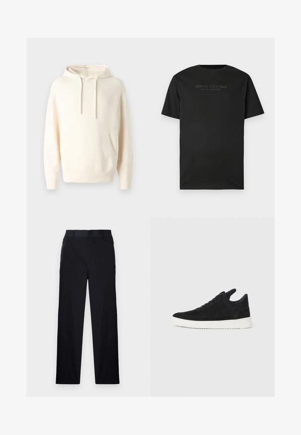 Kremowa bluza z kapturem wykonana z miękkiego materiału, z kieszenią kangurką, ściągaczami na rękawach oraz teksturowanym wykończeniem.; Czarna koszulka z krótkim rękawem i okrągłym dekoltem z napisem "ARMANI EXCHANGE MILANO / NEW YORK" wydrukowanym małymi ciemnoszarymi literami na klatce piersiowej.; Czarne spodnie wykonane z lekkiego, teksturowanego materiału, o prostym kroju, z elastycznym paskiem i bocznymi kieszeniami na zamek.; Czarne zamszowe sneakersy z białą gumową podeszwą, z tonalnym przeszyciem i sznurowanym zapięciem. Gładka tekstura, nowoczesny, smukły kształt.