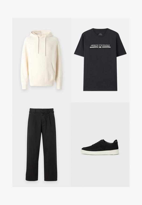 Kreemjast värvist kapuutsiga sviiter, mis on valmistatud pehmest kangast, millel on kaelakotiga tasku, soonikkoes varrukad ja tekstuuriga viimistlus.; Must must, mille värvi "Armani Exchange" logo ja "1991" valge ja helesinise tekstiga rinnal. Lühikesed varrukad, ümar kaeluse lähenemine.; Mustad puuvillased püksid, sirge lõikega, pleated esiosaga, vöökonksude ja nööbilukuga. Sile tekstuur ilma mustriteta.; Mustad suede jooksujalatsid, millel on paelad ja kontrastne valge kummitald. Omab tekstuuriga külgpaneele ja tagasihoidlikku brändimist kandadel.