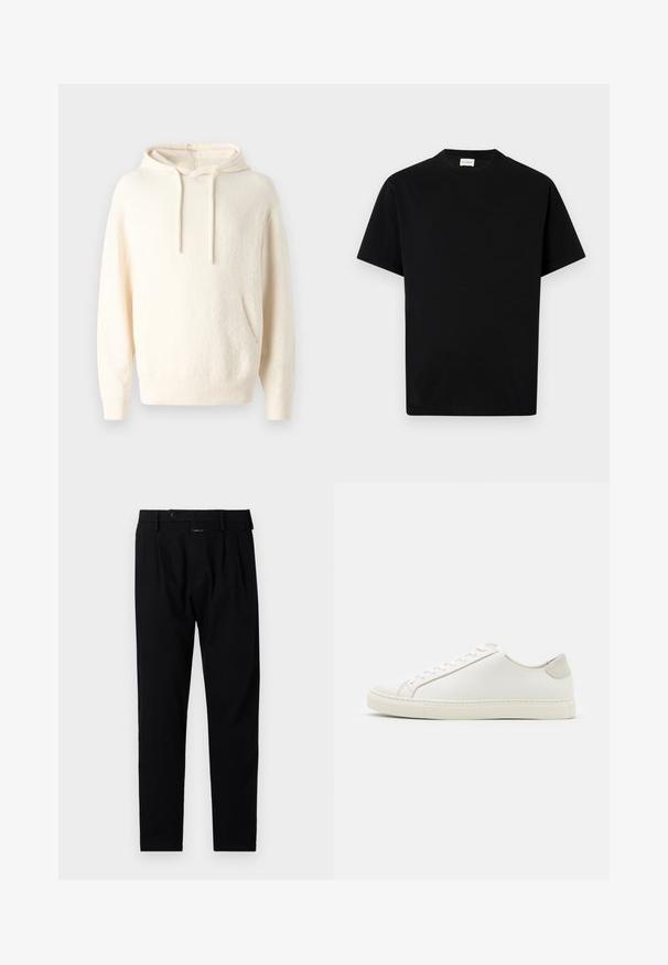 Krēmskrāsas kapuca džemperis, kas izgatavots no mīksta auduma, ar kengūra kabatu, ribotu aproču un strukturētu apdari.; Melnā kokvilnas T-kreklā ar apaļu kakla izgriezumu, īsām piedurknēm un taisnu piegriezumu. Nav redzamu rakstu vai detaļu.; Melnas bikses ar pielāgotu piegriezumu, ar gludu priekšpusi, vienu kroku un pogu aizdari. Izgatavotas no gludas auduma, piemērotas oficiālai apģērbšanai.; Balti ādas sporta apavi ar gludu virsmu, noapaļotu purngala daļu un minimālistisku dizainu. Iezīmējas ar bežām akcentiem uz papēža un gumijas zoli.