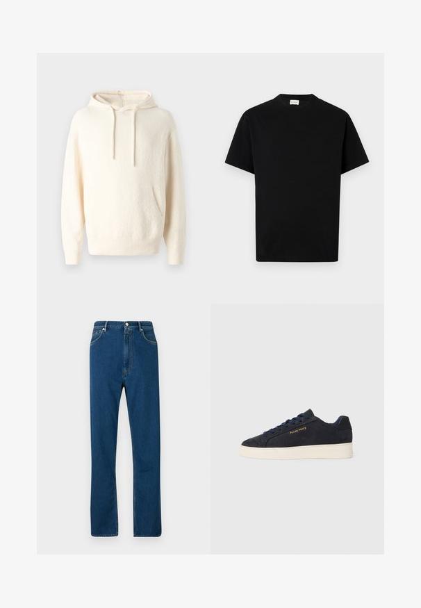 Krém színű kapucnis pulóver, puha anyagból készült, kenguruzsebes, bordás mandzsettákkal és textúrált felülettel.; Fekete pamut póló kerek nyakkivágással, rövid ujjakkal és egyenes fazonnal. Nincsenek látható minták vagy fém részletek.; Kék farmernadrág, magas derékkal, egyenesen szabott lábakkal, öt zsebes stílussal és kontrasztos narancssárga varrással. Sima textúra.; Sötétkék velúr, alacsony szárú teniszcipő fehér talppal, sötétkék fűzőkkel és arany színű "Filling Pieces" logóval az oldalán.